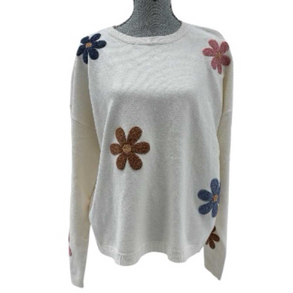 Charlie B Cream Floral Daisy AppliquΓ© Crewneck Long Sleeve Grandma Sweater NWT